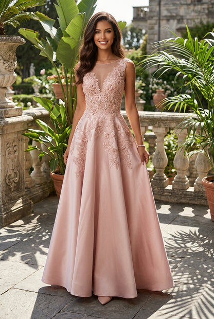 Illusion Neck Floral Lace Satin Ball Gown