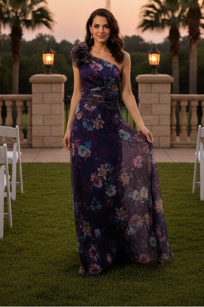 One-Shoulder Floral Organza Gown with Pockets