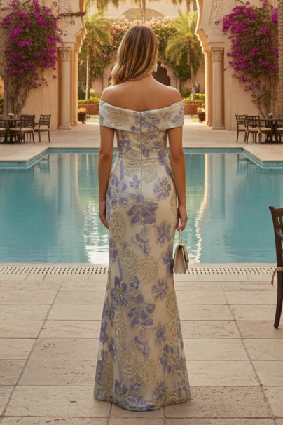 Off-the-Shoulder Floral Jacquard Column Gown