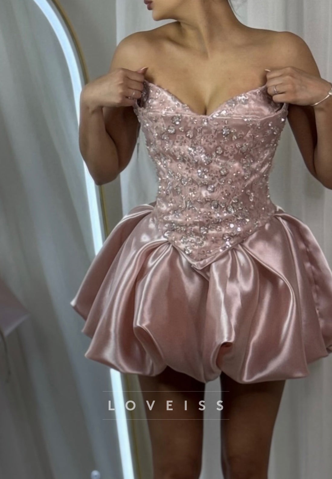 Strapless Sequin Corset Mini Dress with Bubble Satin Skirt