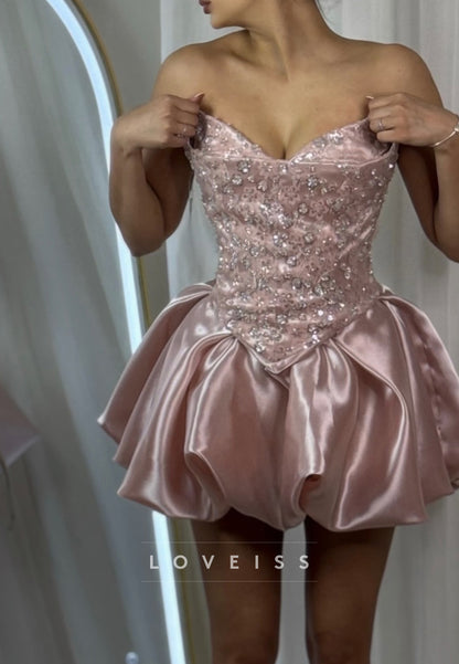 Strapless Sequin Corset Mini Dress with Bubble Satin Skirt