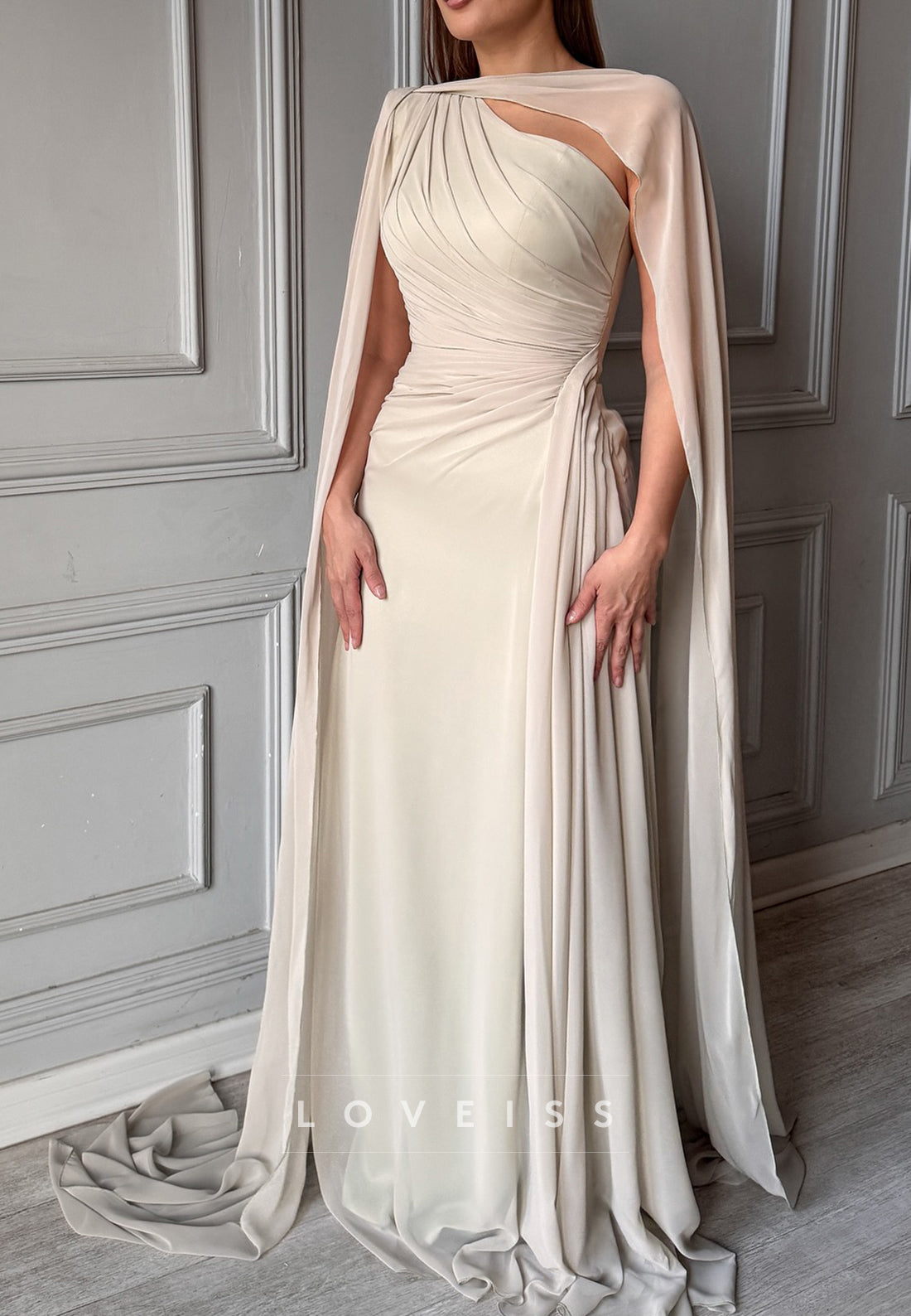 Asymmetric One-Shoulder Cape Evening Gown