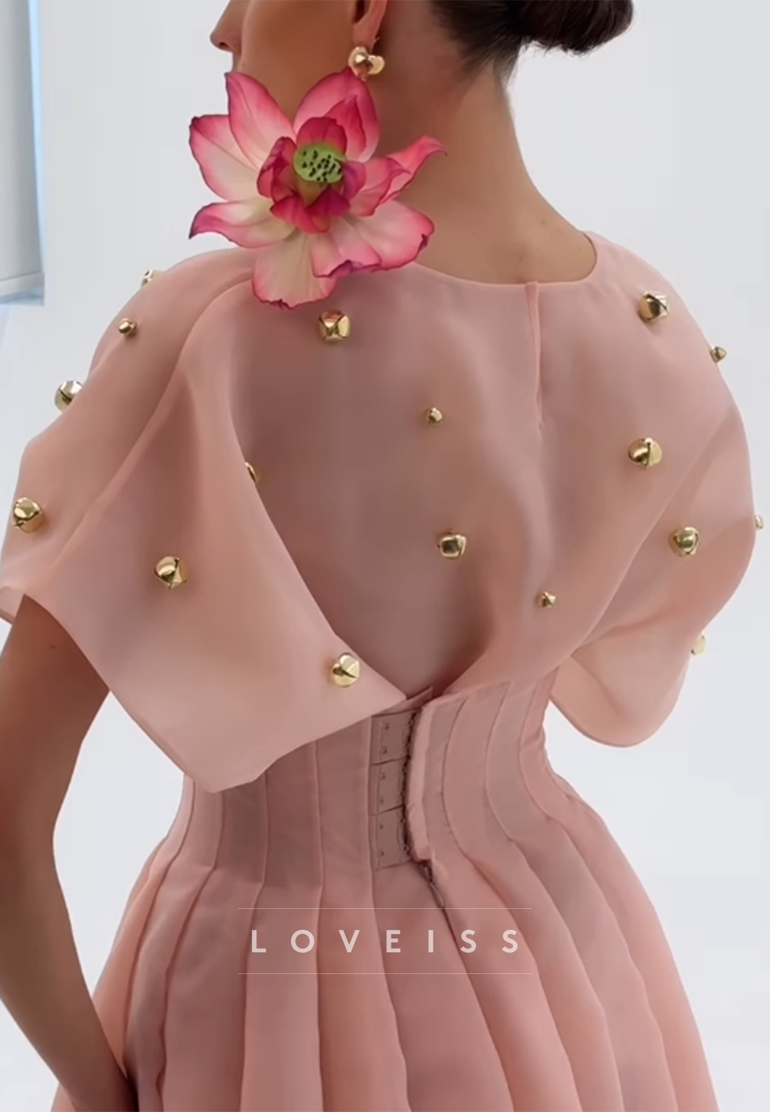 Pearl-Embellished Pleated Midi Dress with Flutter Sleeves