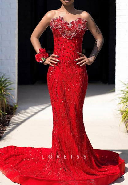 Strapless Floral Applique Beaded Mermaid Gown