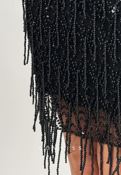 Sequin Pearl Fringe Spaghetti Strap Cocktail Dress