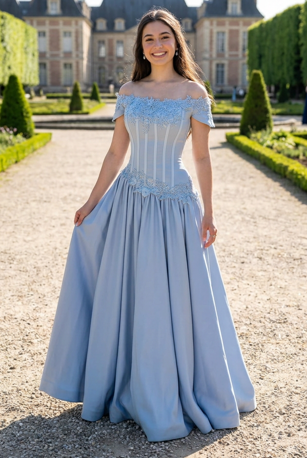 Off-the-Shoulder Corset Gown with Appliques