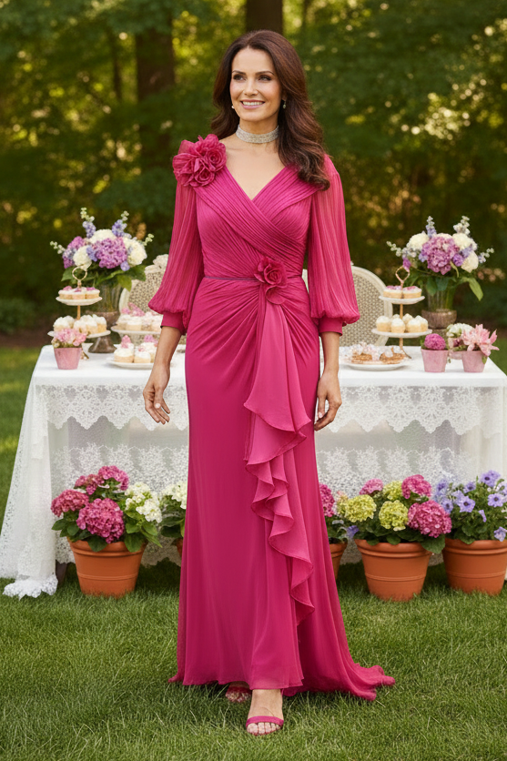 V-Neck Chiffon Evening Gown with Cascading Ruffles
