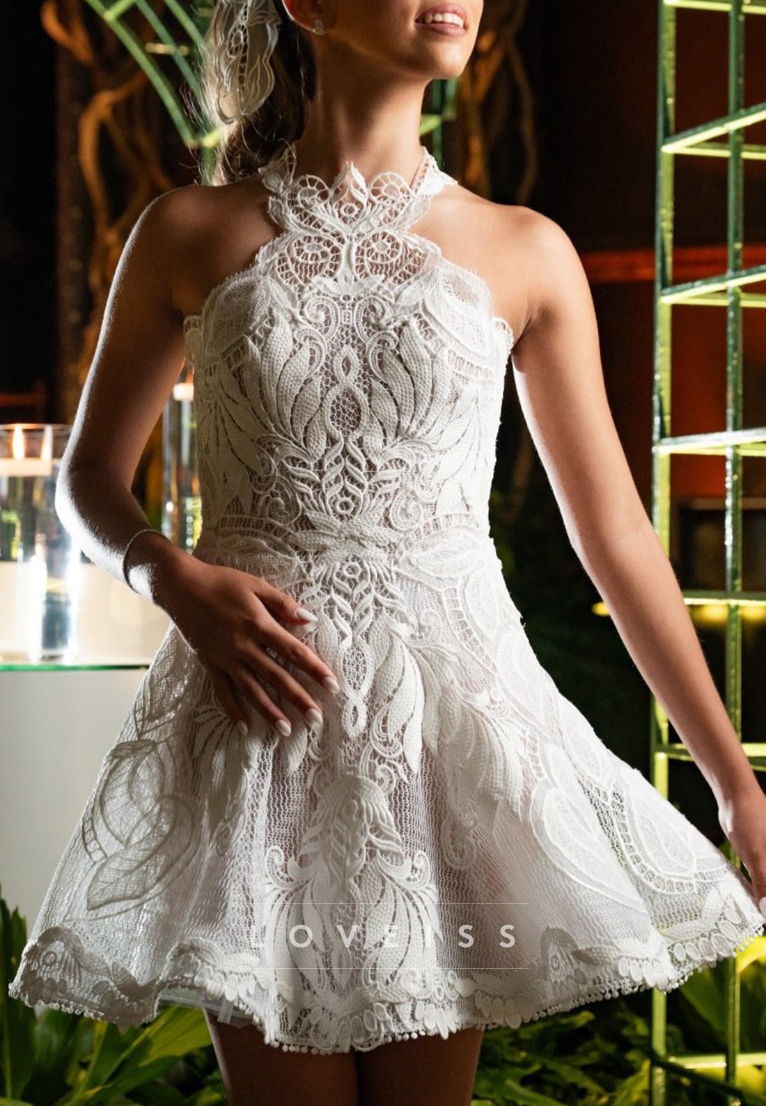 Halter Lace Fit and Flare Mini Wedding Dress