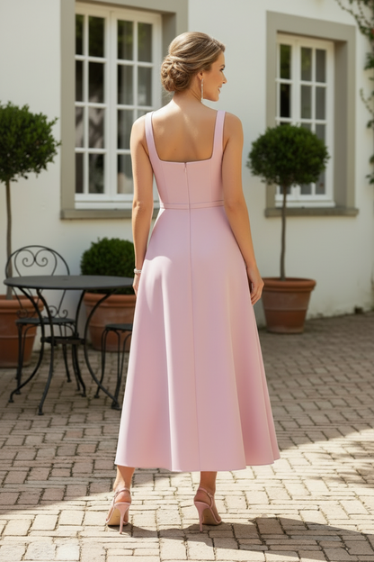 Square Neck Satin Tea-Length Dress with 3D Flower