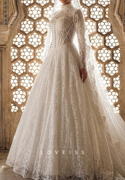 High-Neck Lace Corset Wedding Dress with Slit