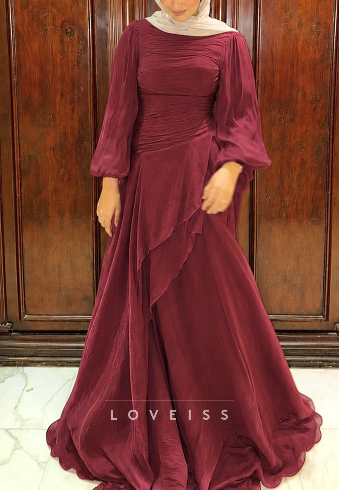 Modest Ruched Long Sleeve Chiffon Evening Gown