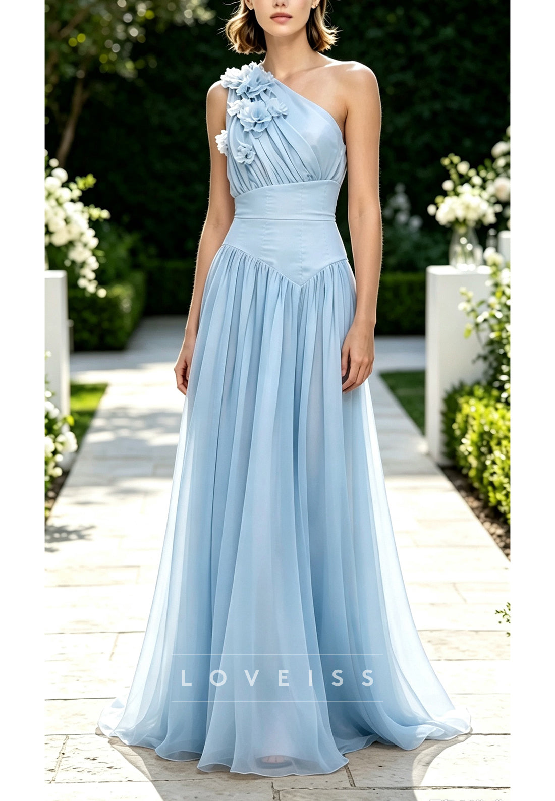 One-Shoulder Floral Applique A-Line Maxi Dress