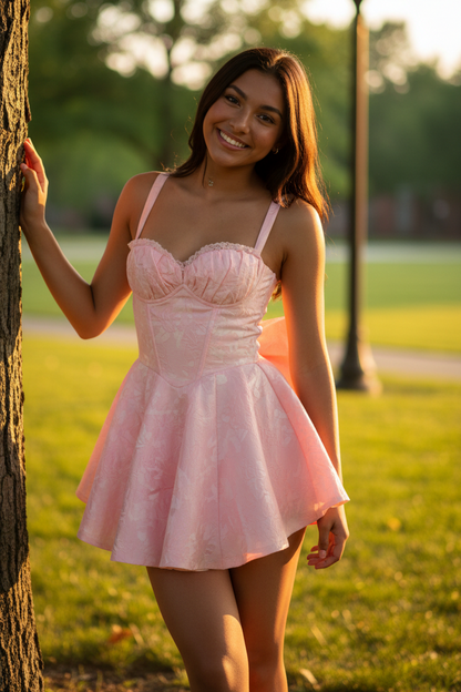 Brocade Corset Mini Dress with Bow