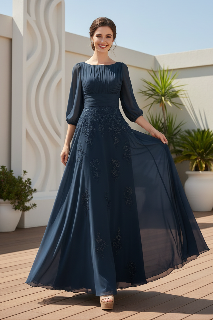 Pleated Chiffon A-Line Evening Gown