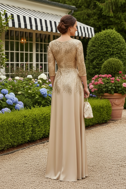 Sequin Feather A-Line Evening Gown with 3/4 Sleeves