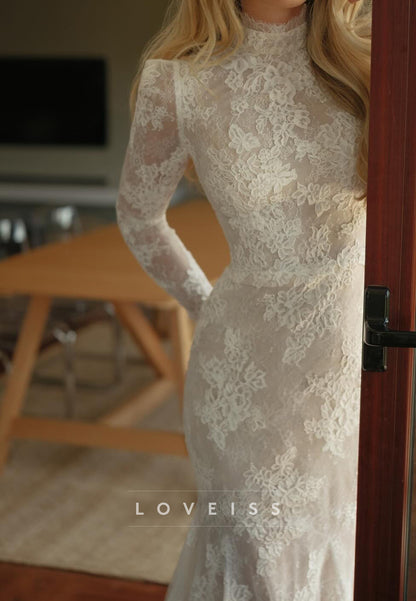 High Neck Long Sleeve Lace Mermaid Wedding Dress