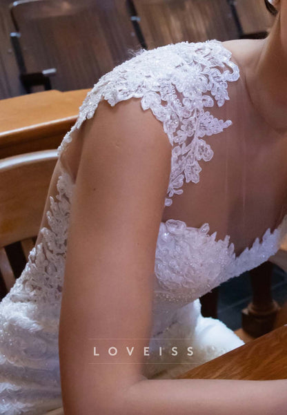 Lace Applique Mermaid Wedding Dress with Sheer Back