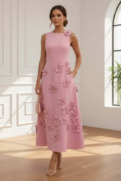 3D Floral Applique Sleeveless Midi Dress