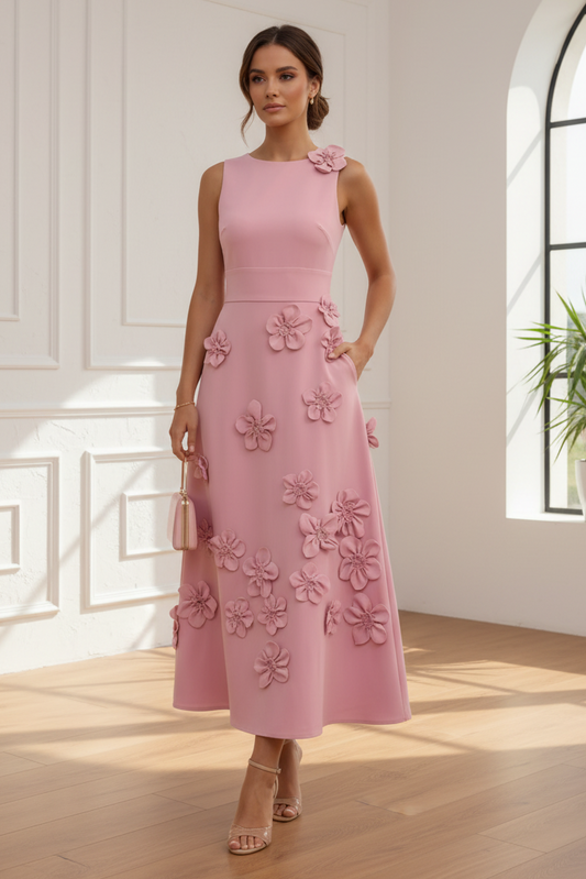 3D Floral Applique Sleeveless Midi Dress