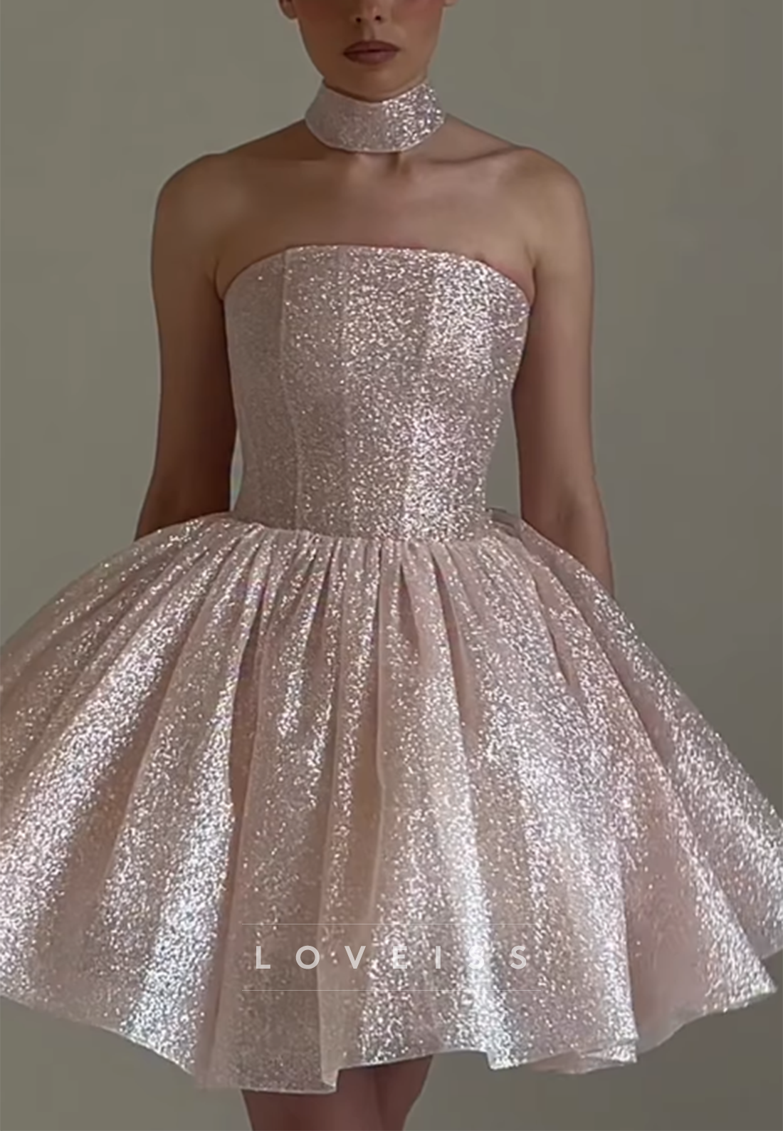 Strapless Glitter Corset Mini Ball Gown