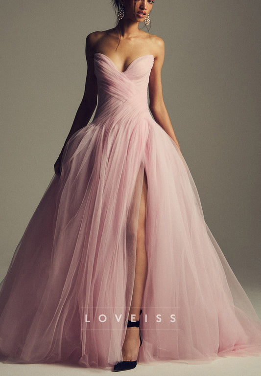 Strapless Ruched Bodice Tulle Ball Gown with Slit
