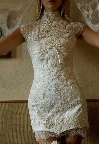 High Neck Lace Mini Dress with Bow Accent
