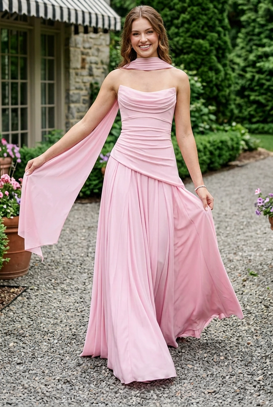 Cowl Neck Ruched Corset Gown with Scarf