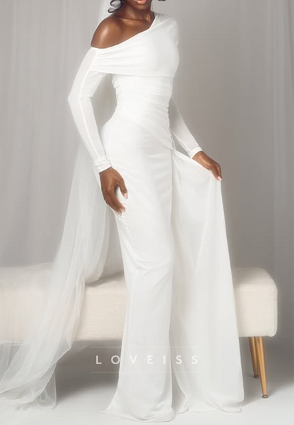 One-Shoulder Long Sleeve Gown with Draped Train