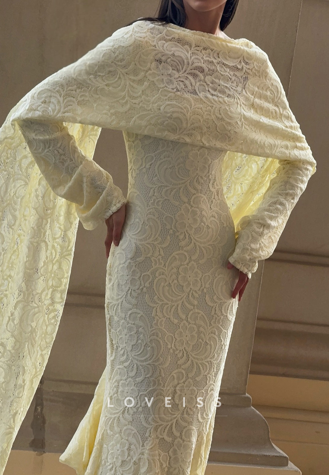 Lace Long Sleeve Mermaid Gown with Draped Sash
