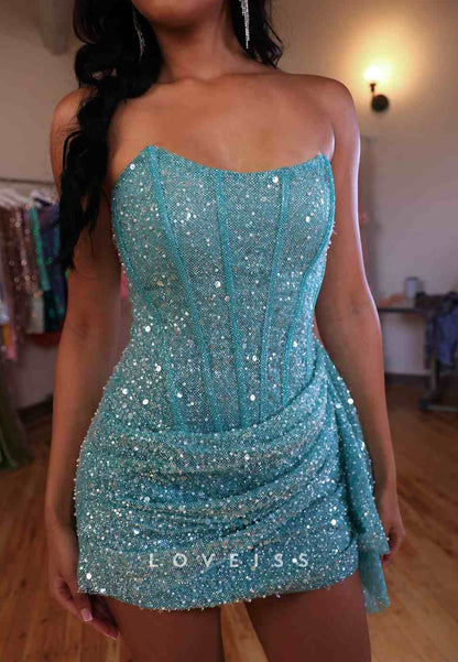 Strapless Corset Sequin Mini Dress with Side Draping