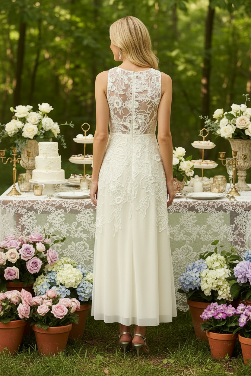 Sleeveless Embroidered Floral A-Line Midi Dress