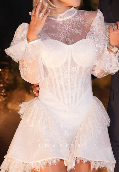 Lace Corset Mini Dress with High Neck & Flared Sleeves