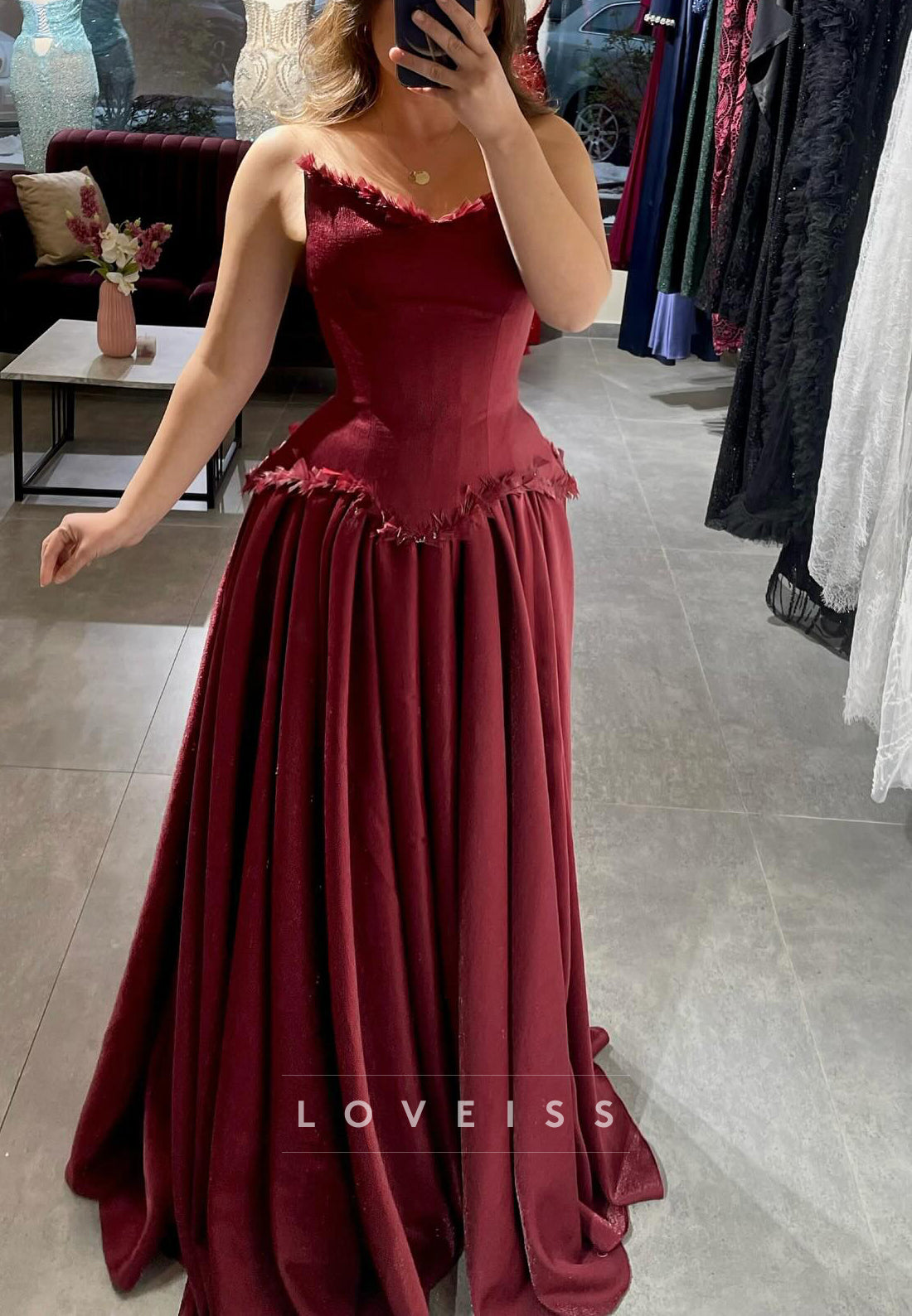 Basque Waist Ball Gown with Feather Trim