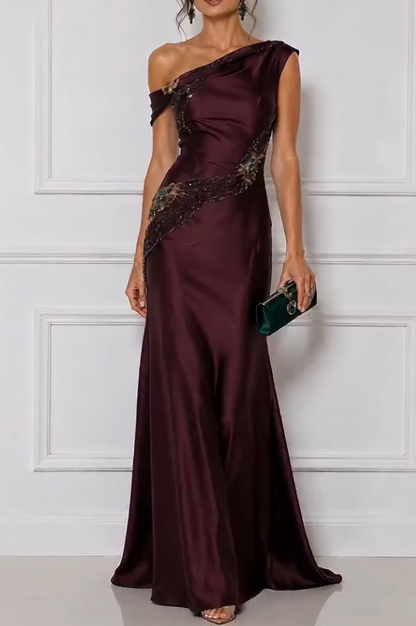 One-Shoulder Embellished Satin Evening Gown
