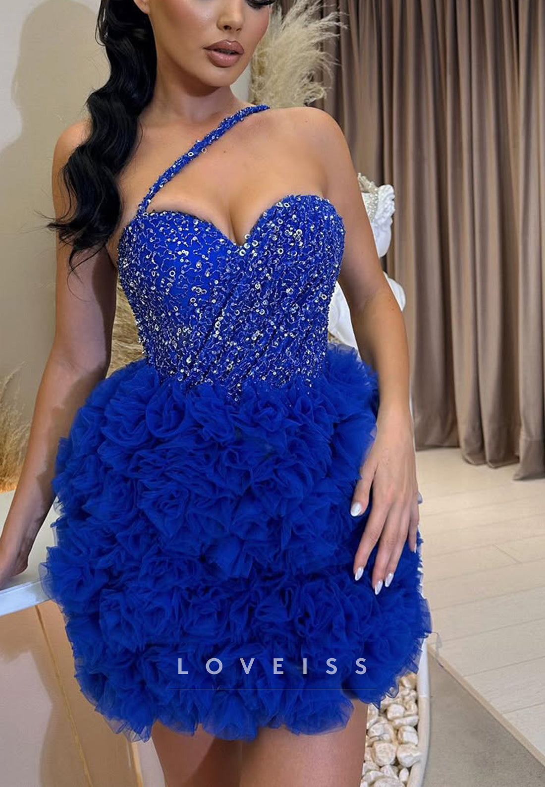 One-Shoulder Beaded Mini Dress with Ruffled Tulle Skirt