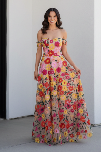 Off-the-Shoulder Embroidered Floral A-Line Maxi Dress