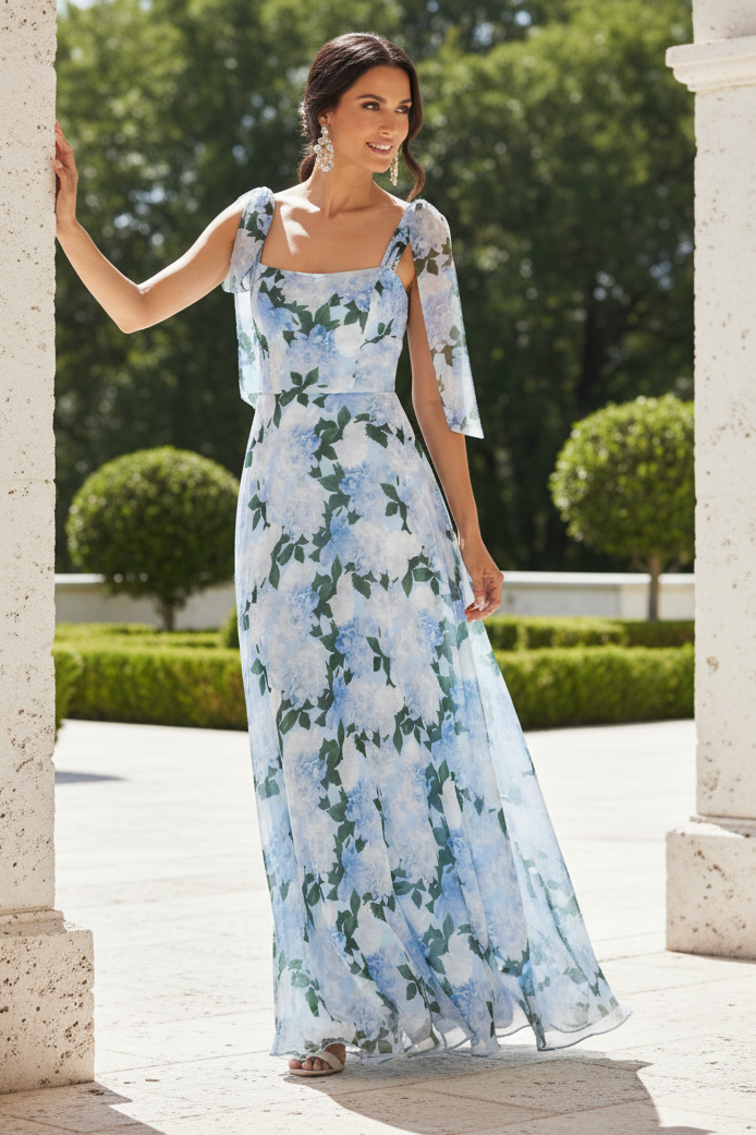 Floral Print A-Line Gown with Tie Straps