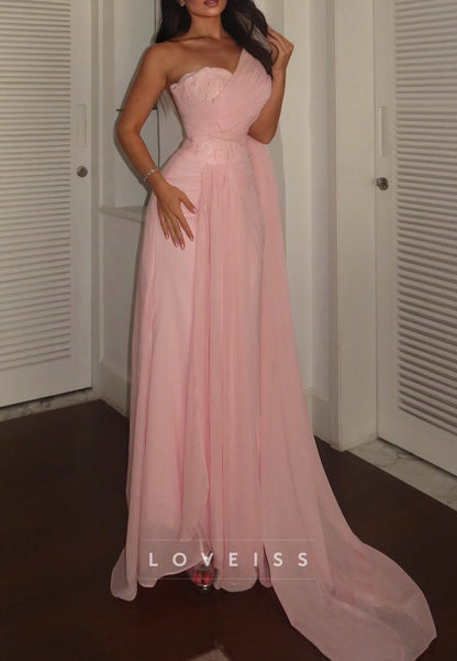 One-Shoulder Pleated Gown with Draped Cape