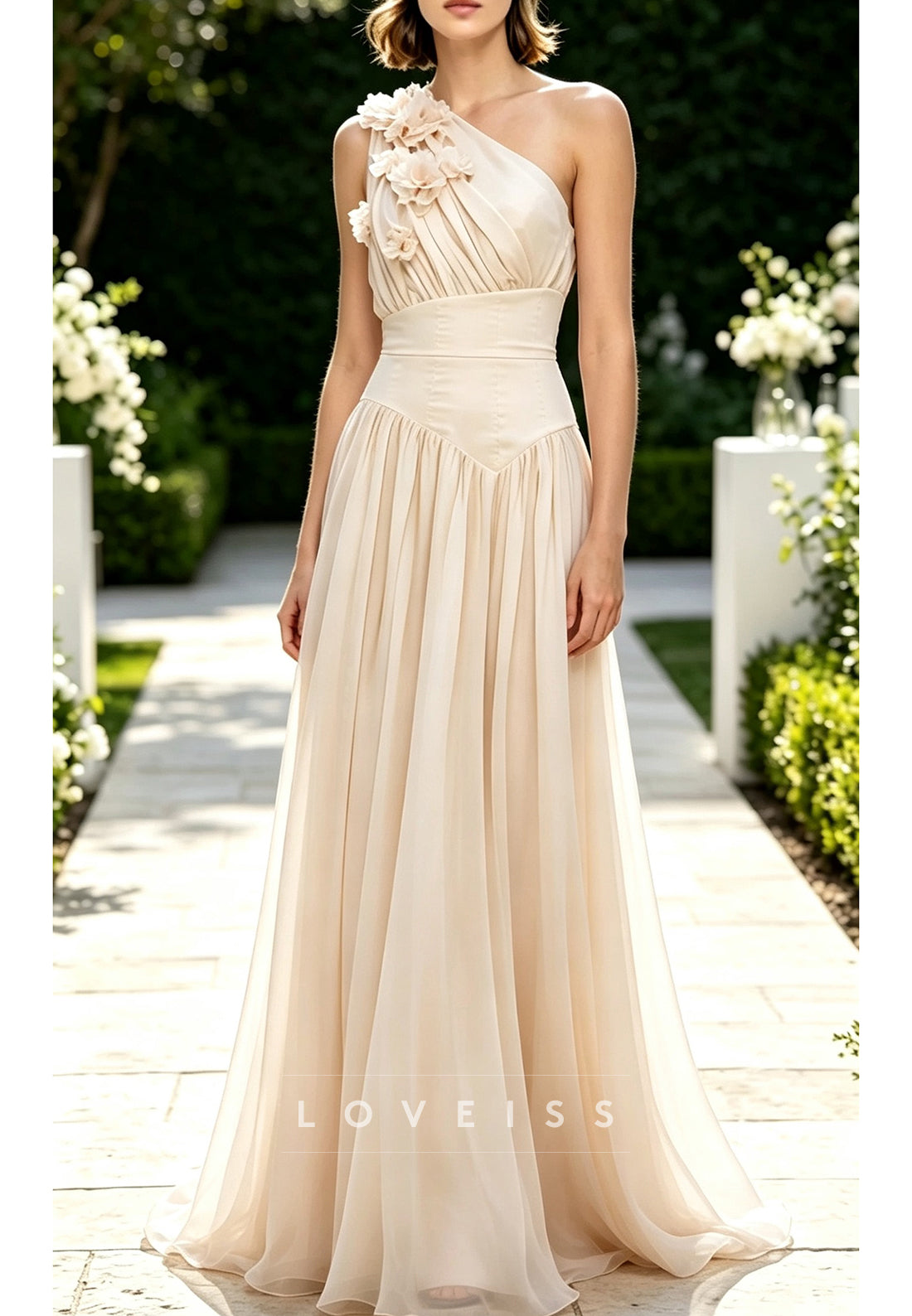One-Shoulder Floral Applique A-Line Maxi Dress