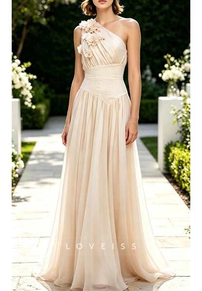 One-Shoulder Floral Applique A-Line Maxi Dress