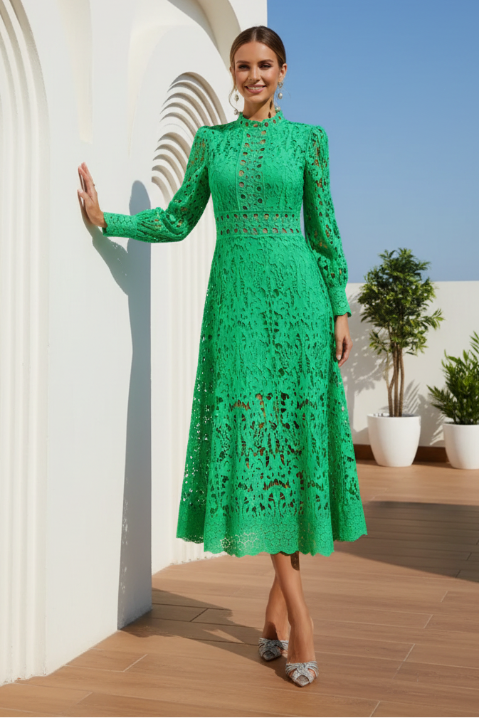 High Neck Lace Midi Dress