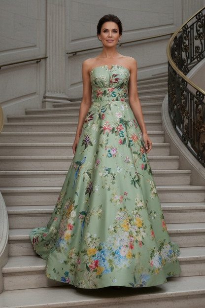 Strapless Notched Floral Print Evening Ball Gown