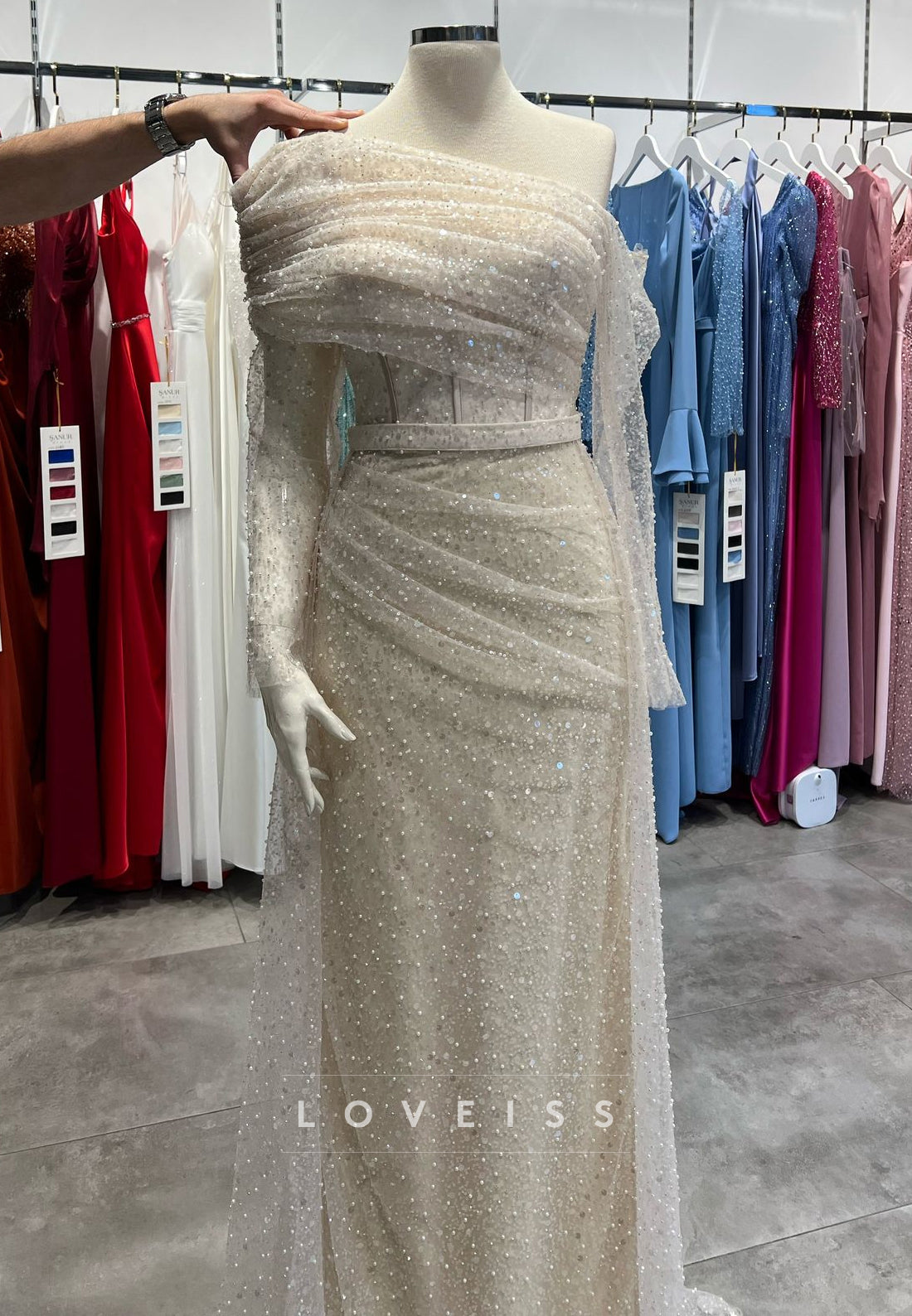 Pearl Beaded Off Shoulder Mermaid Gown with Cape