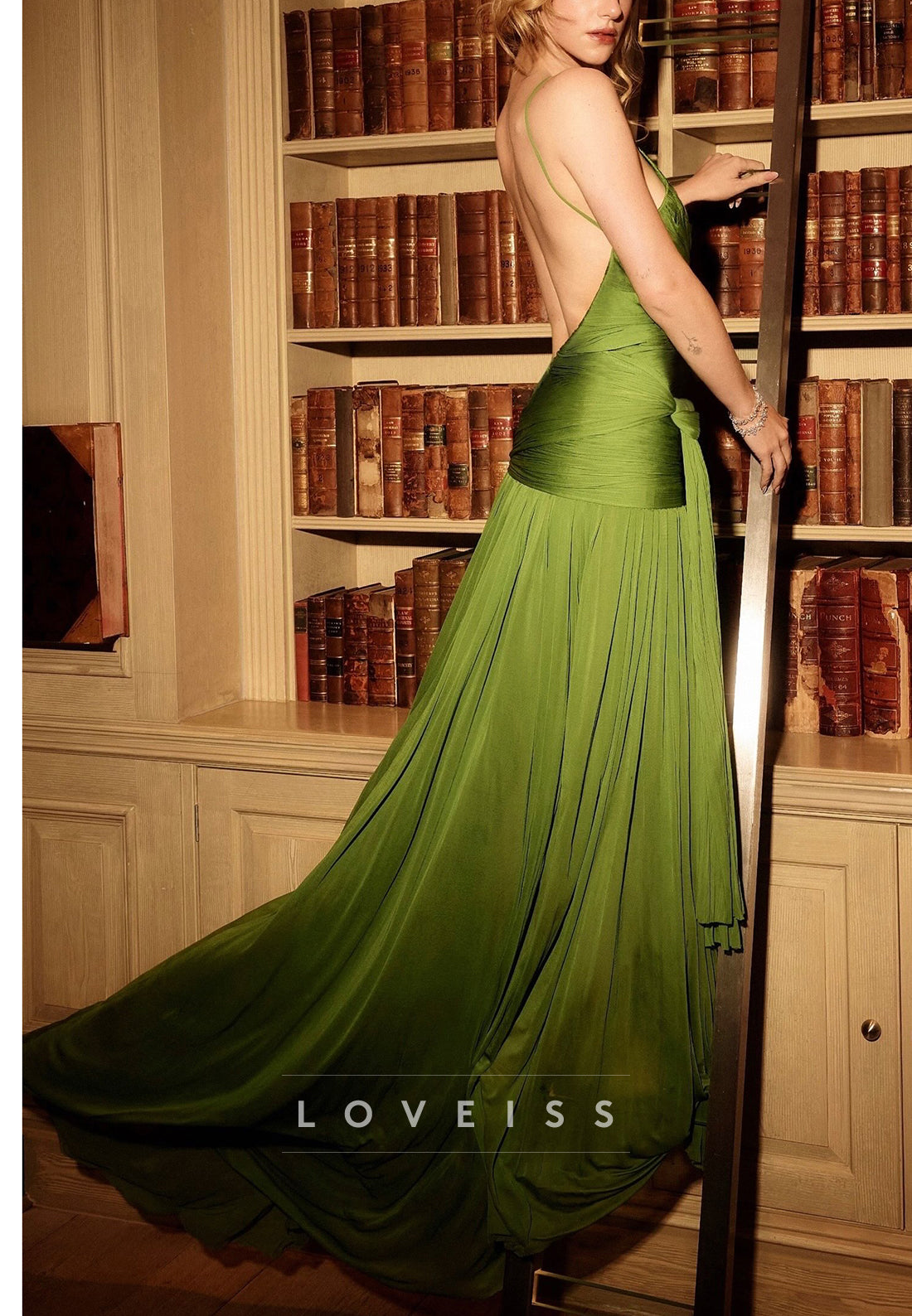 Ruched Bodice Backless Evening Gown with Train