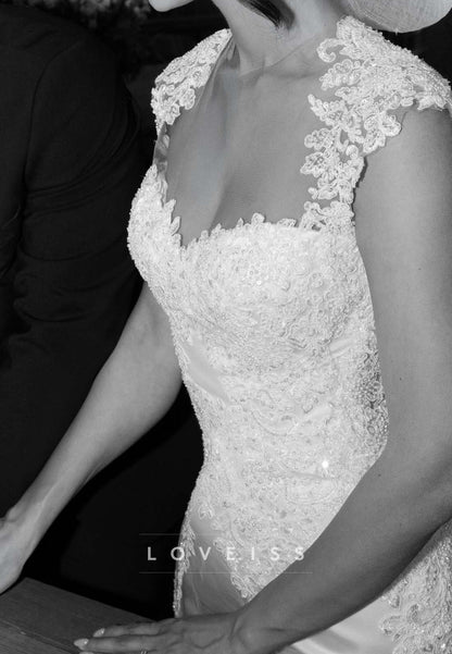 Lace Applique Mermaid Wedding Dress with Sheer Back
