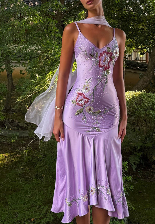 Floral Sequin Trumpet Midi Dress with Scarf