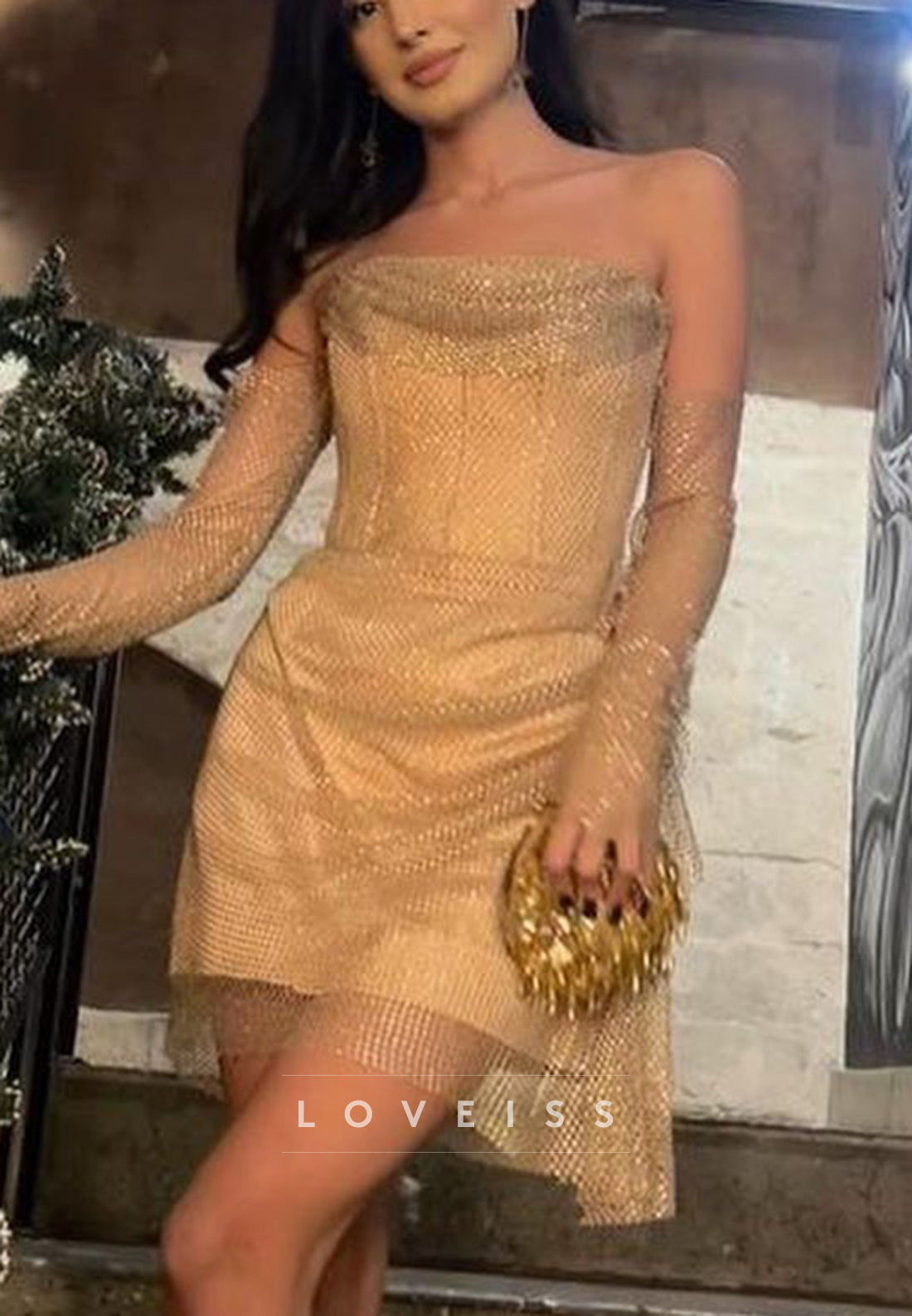 Strapless Rhinestone Mesh Long Sleeve Mini Dress