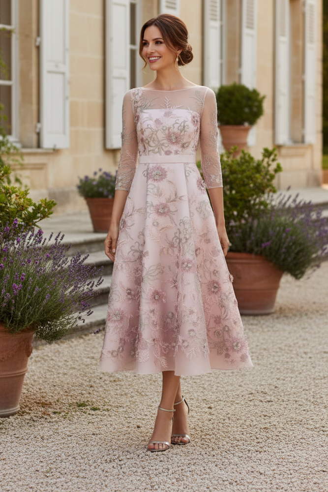 Floral Embroidered Illusion Midi Dress