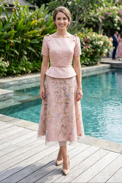 Peplum Midi Dress with Embroidered Floral Overlay