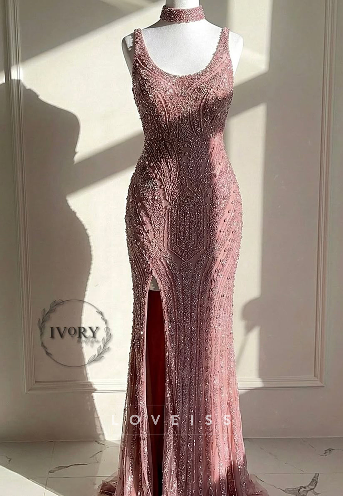 Beaded Sleeveless Gown with High Slit